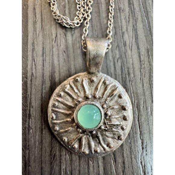 None Jewelry - Silver Shield Pendant Necklace with Chrysoprase Stone